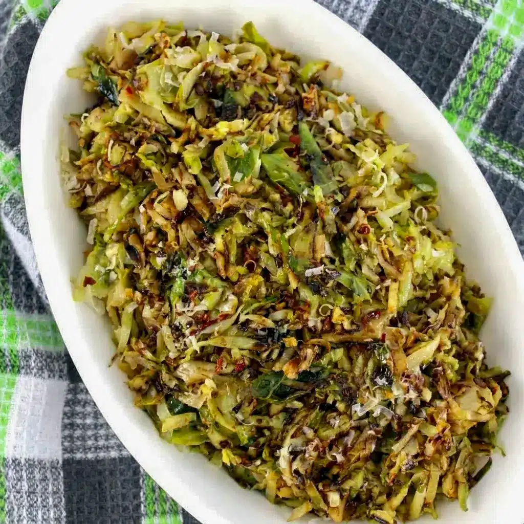 Golden Shredded Brussels Sprouts with a savory low carb finish, perfect for Low Carb Shredded Brussel Sprouts fans who want an easy veggie side.