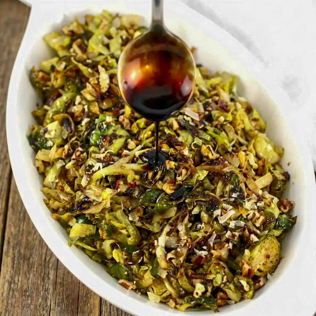 Pan-seared Shredded Brussels Sprouts topped with parmesan and a balsamic drizzle, a flavorful Shredded Brussel Sprout Recipe for dinner tonight.