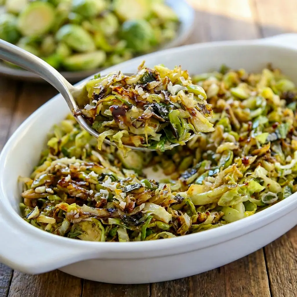 Shredded Brussels Sprouts skillet with parmesan and balsamic glaze, a simple Keto Shredded Brussels Sprouts side dish that feels crisp and rich.