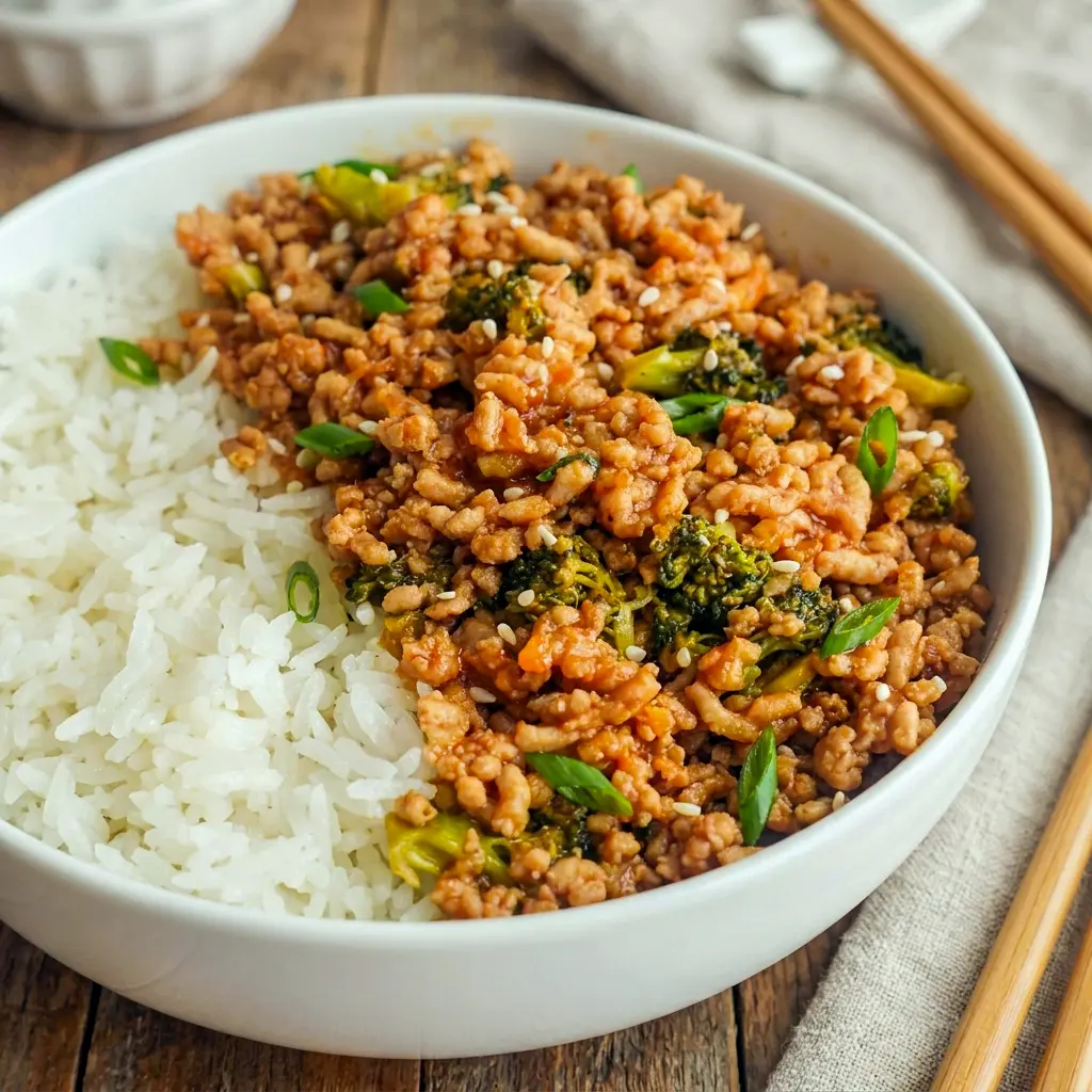 Firecracker Ground Chicken Bowl for Light Family Dinners, served in a colorful skillet with broccoli and a sweet-spicy sauce.