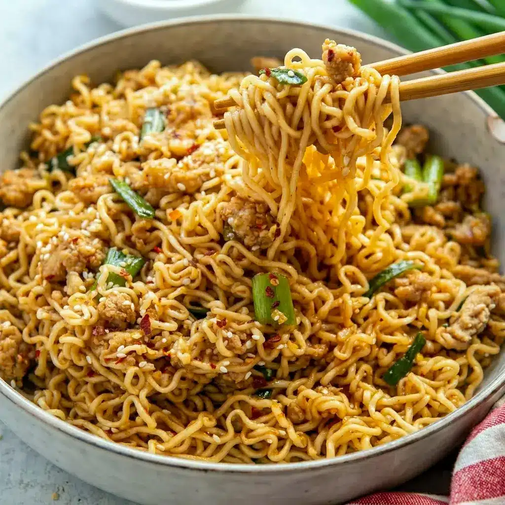 Ground Chicken Sweet Chili Noodles topped with green onions and sesame seeds for easy Sweet Chili Chicken Noodles comfort.