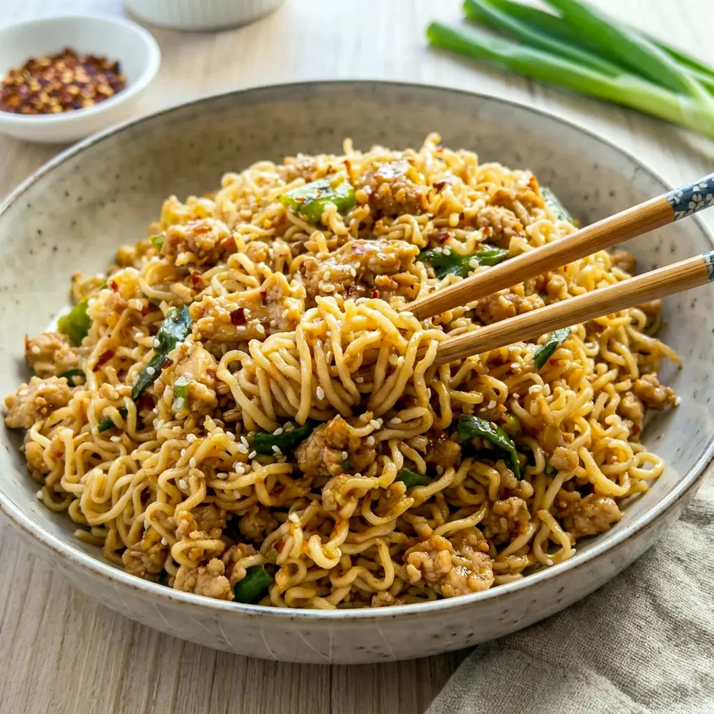 Ground Chicken Sweet Chili Noodles with tender noodles and savory sauce, a delicious Ground Chicken Asian Noodles dinner.