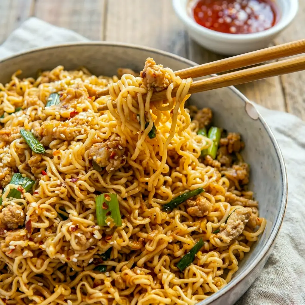 Ground Chicken Sweet Chili Noodles served in a glossy skillet bowl with a bold Sweet Chili Noodles Recipe flavor.