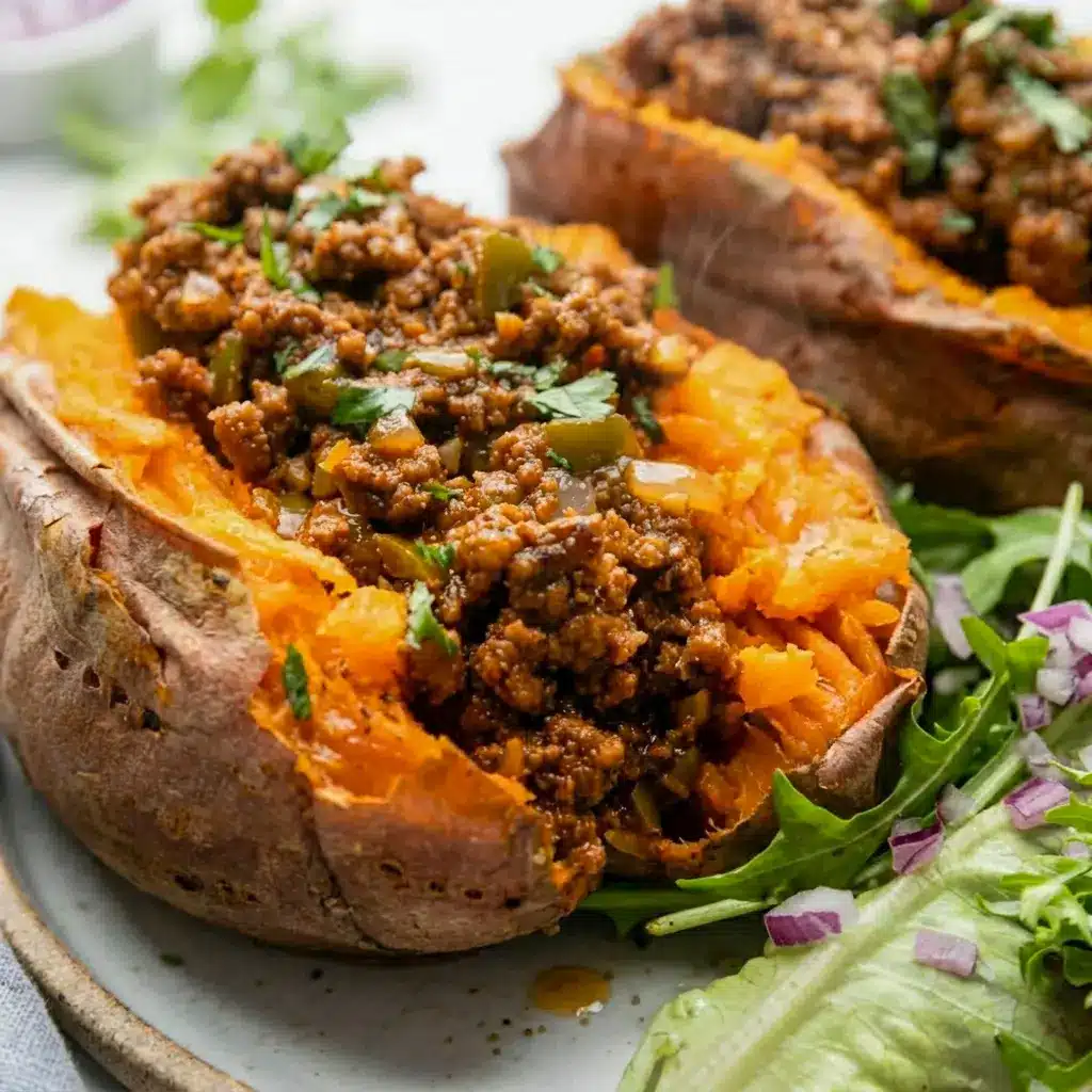 A hearty plate of Healthy Sloppy Joes with fresh toppings, made as Sweet Potato Sloppy Joe for a comforting grain-free meal.