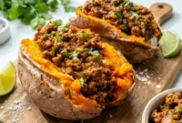 A bowl of Healthy Sloppy Joes served over baked sweet potatoes, styled as Whole 30 Sloppy Joes for an easy weeknight dinner.