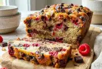Raspberry Dark Chocolate Banana Bread sliced on a plate, a rich Chocolate Raspberry Bread for cozy snack time.