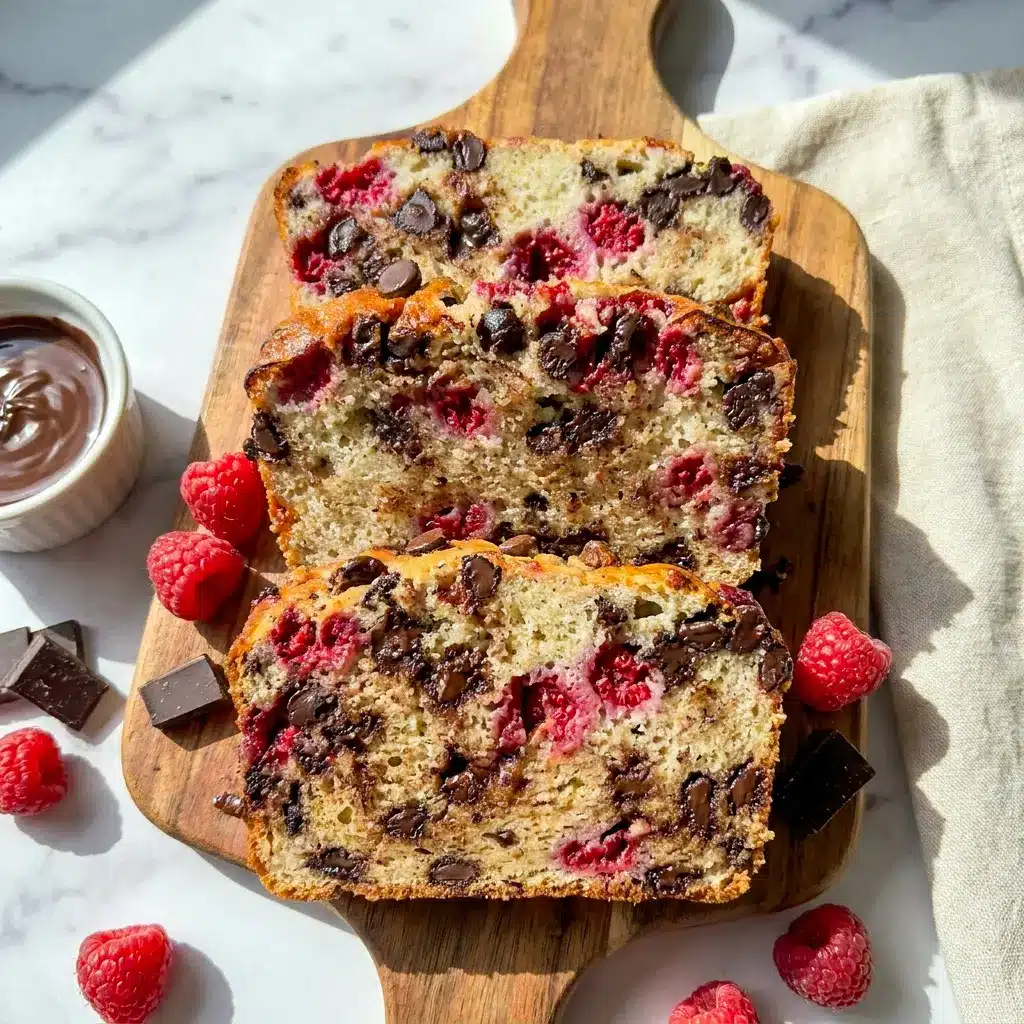 Fresh Raspberry Dark Chocolate Banana Bread with melted chocolate chunks, a sweet Dark Chocolate Raspberry Banana Bread idea.