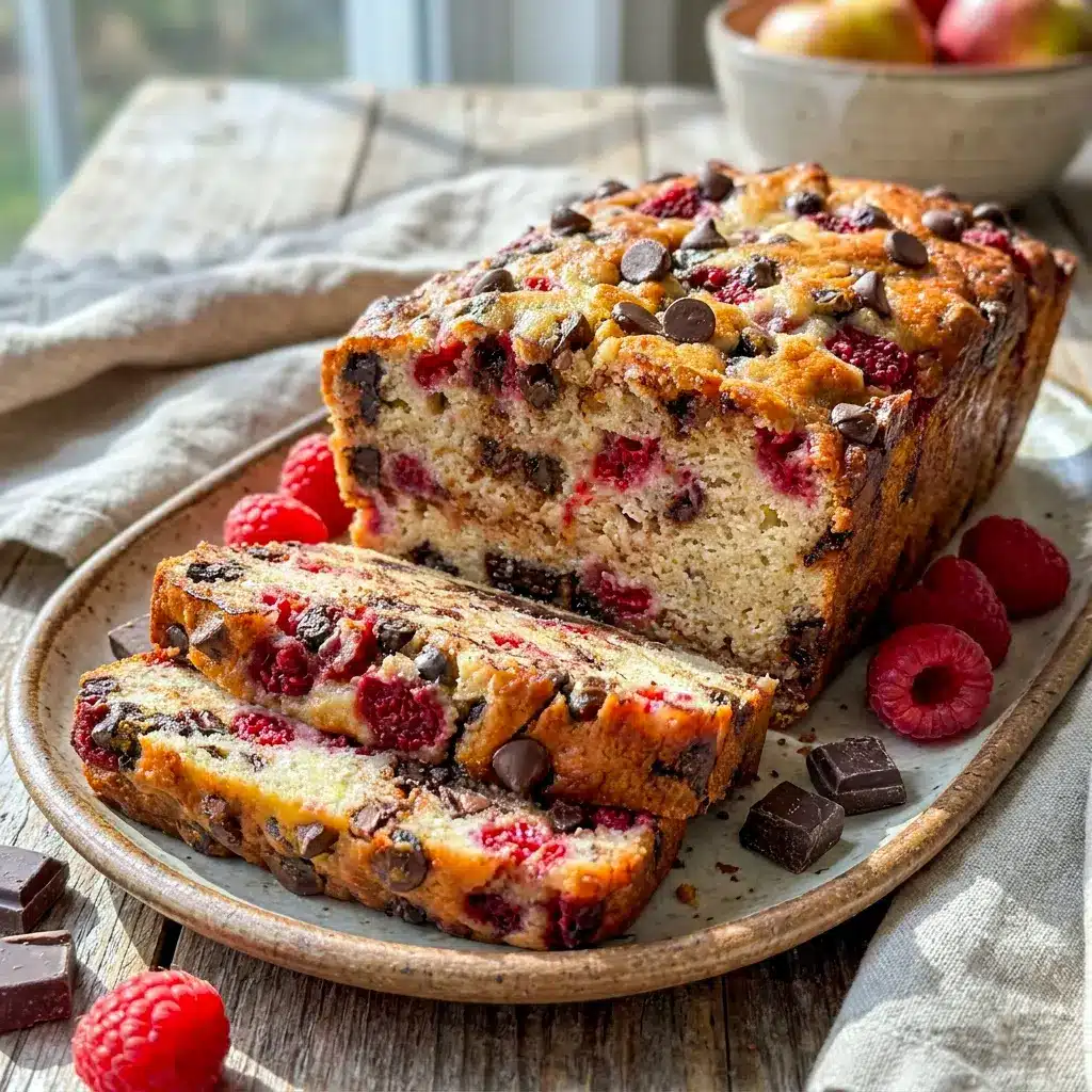 A close-up of Raspberry Dark Chocolate Banana Bread with juicy raspberries, an easy Banana Bread Recipe With Raspberries for dessert lovers.