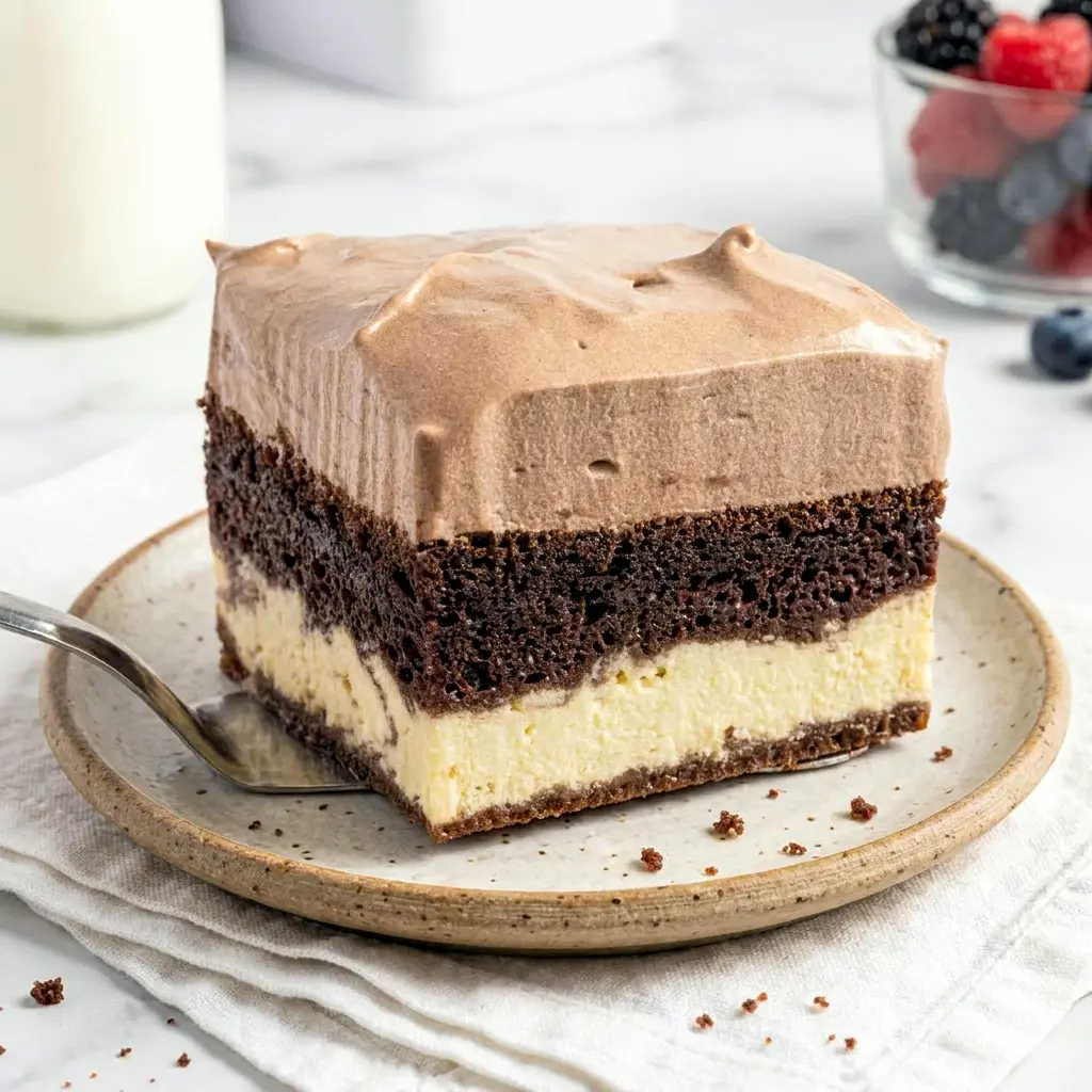Italian Love Cake sliced to show the layered chocolate base and fluffy topping, inspired by Italian Love Cake Recipe presentation for an elegant celebration dessert.