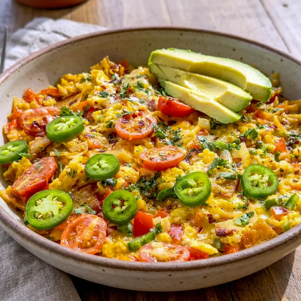 Migas Recipe topped with avocado and hot sauce for classic Mexican Migas.