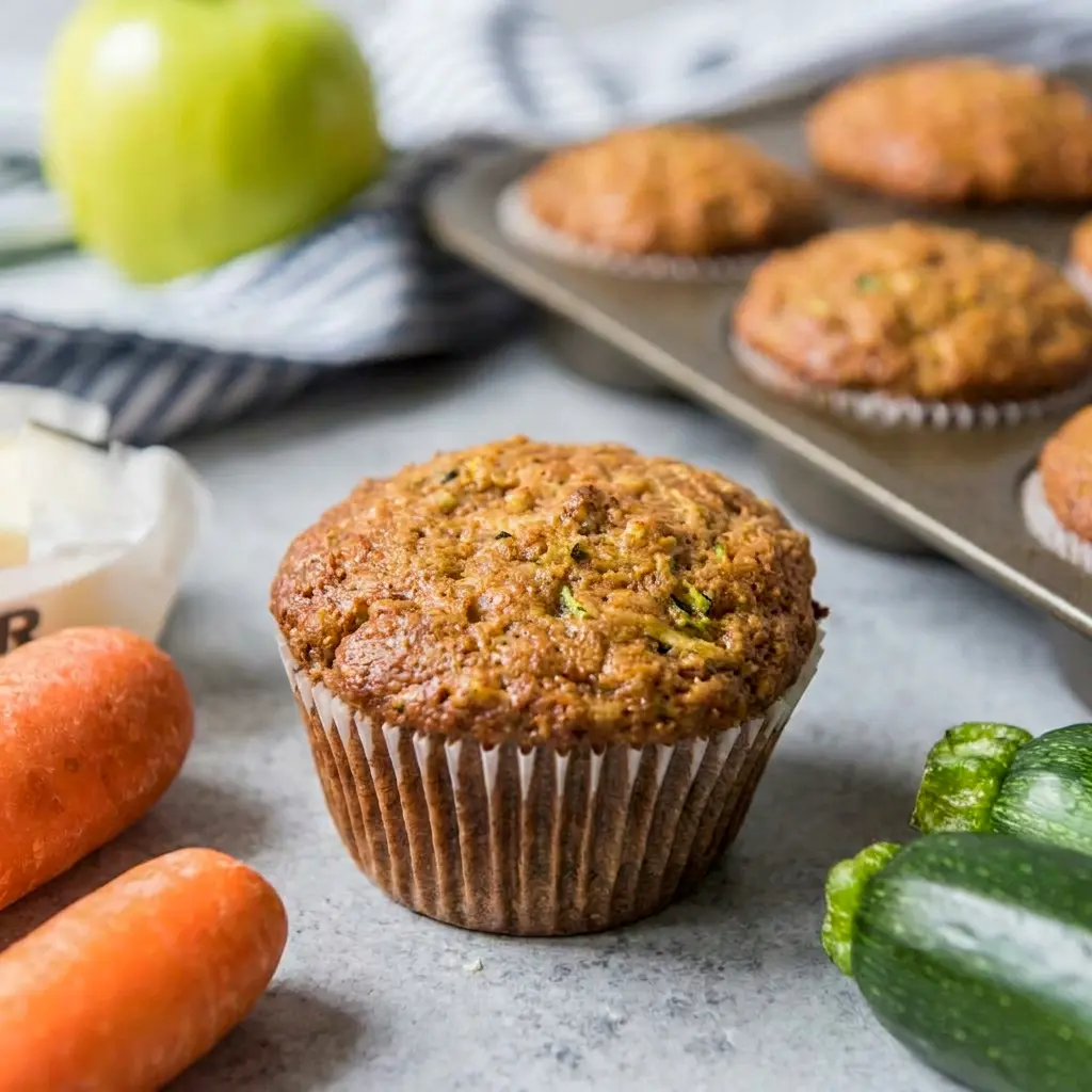 Golden Morning Glory Muffins packed with fruit and nuts, a wholesome Veggie Muffin for snacking.