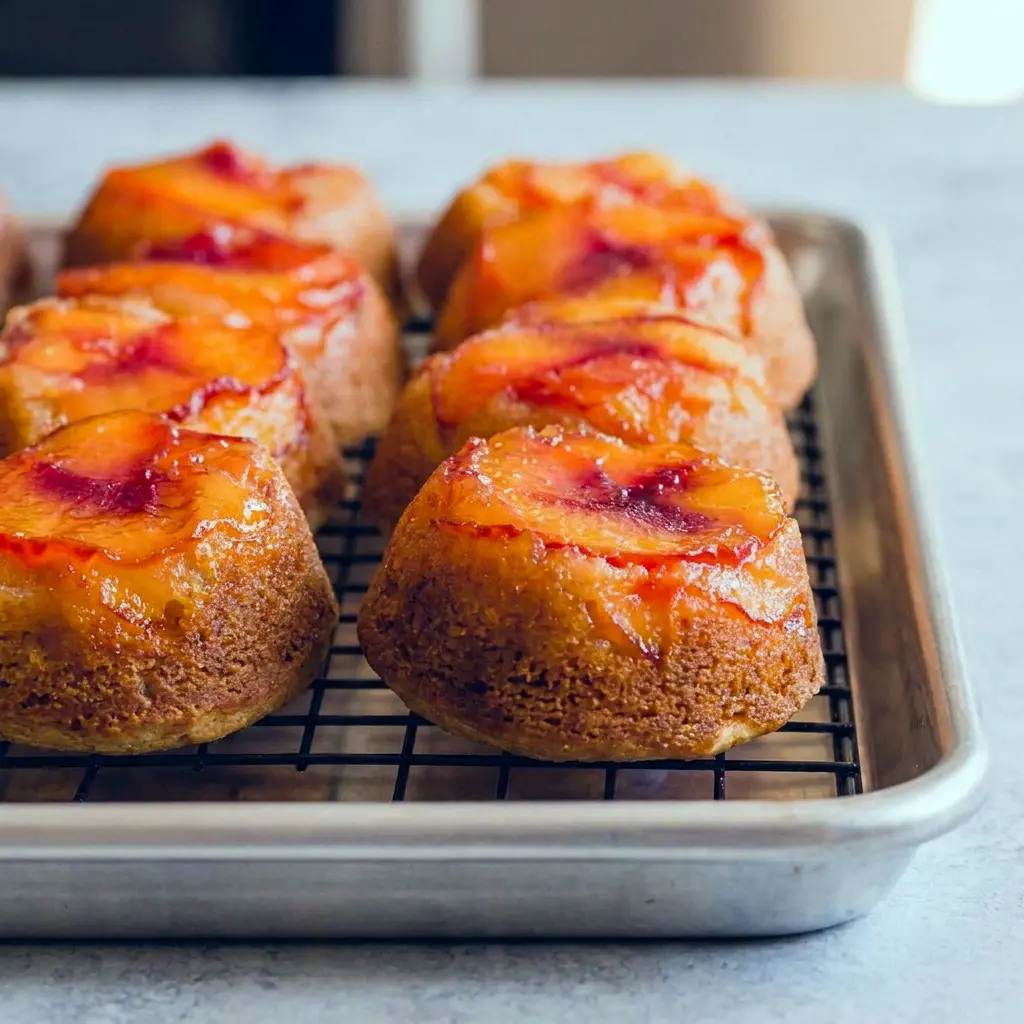Golden Peach Upside Down Mini Cakes served in a tray, a cozy Muffin Tin Peach Cobbler style treat.