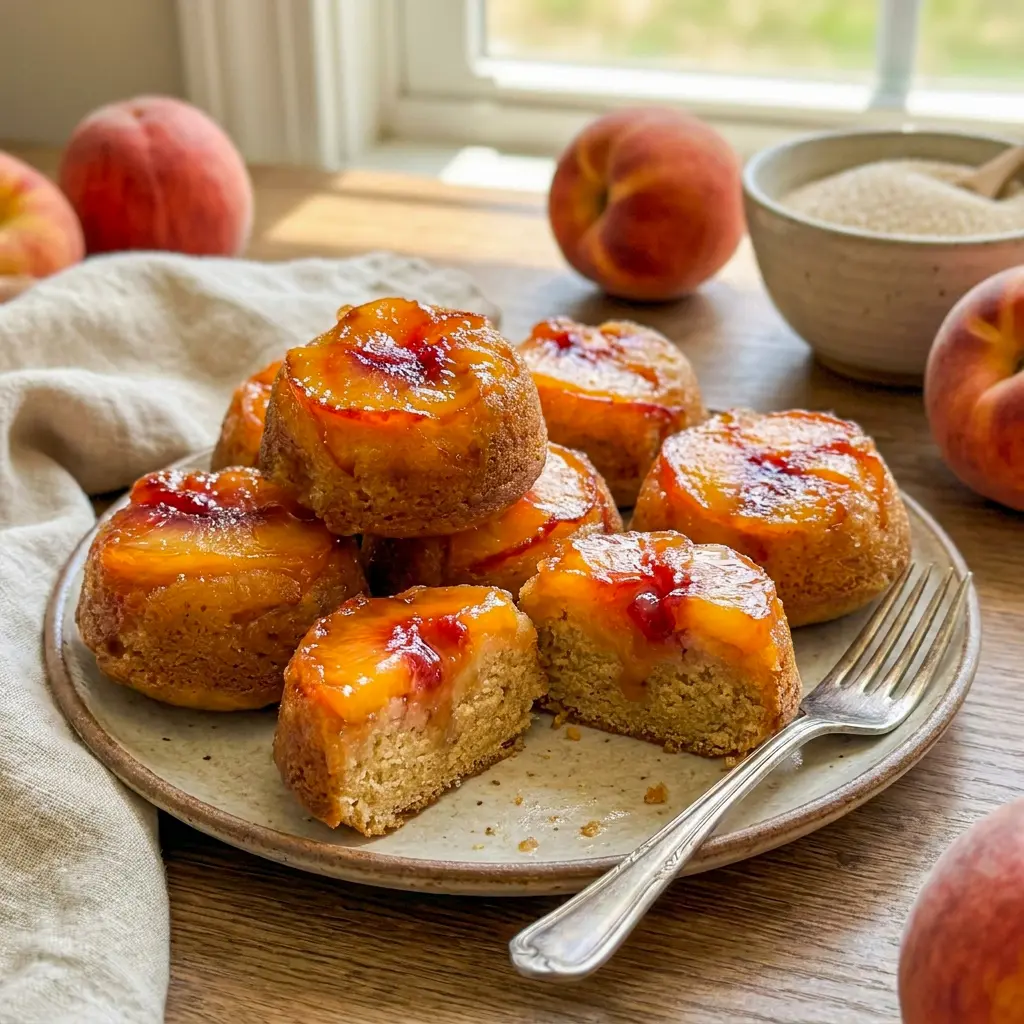 Beautiful Peach Upside Down Mini Cakes topped with glossy peaches, inspired by Peach Cobbler Muffins With Canned Peaches.