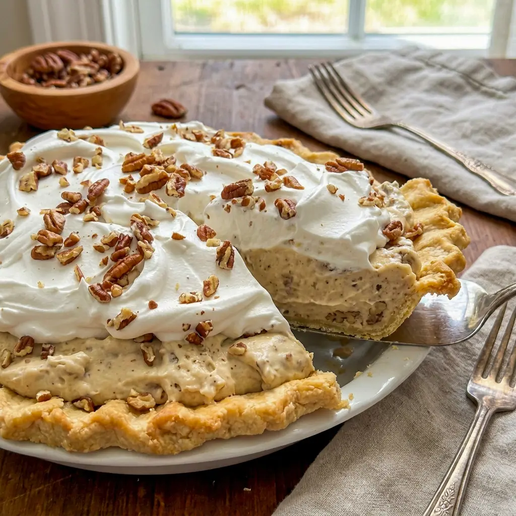 A chilled Pecan Cream Pie topped with fluffy whipped cream, shown as one of the best Creme Pies for special occasions.