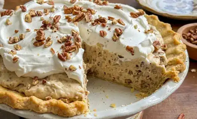 A slice of Pecan Cream Pie on a holiday plate, styled as Pies With Pecan Crust for a festive Thanksgiving dessert.