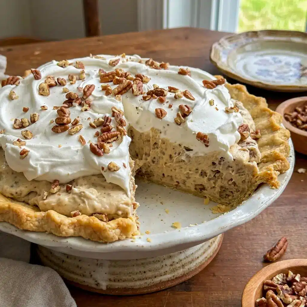 A slice of Pecan Cream Pie on a holiday plate, styled as Pies With Pecan Crust for a festive Thanksgiving dessert.