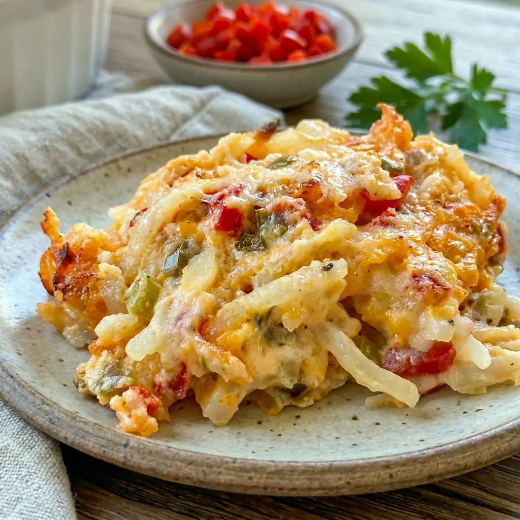 Pimento Cheese Hash Brown Casserole looks perfect on Party Platters for holidays and potlucks.