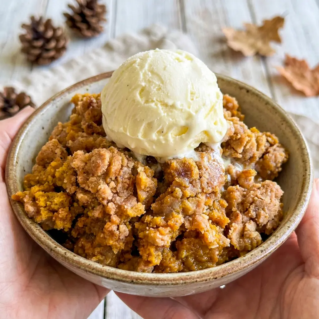 Pumpkin Crisp served in a skillet with ice cream, perfect for Fall Dessert Cooking and easy seasonal baking.