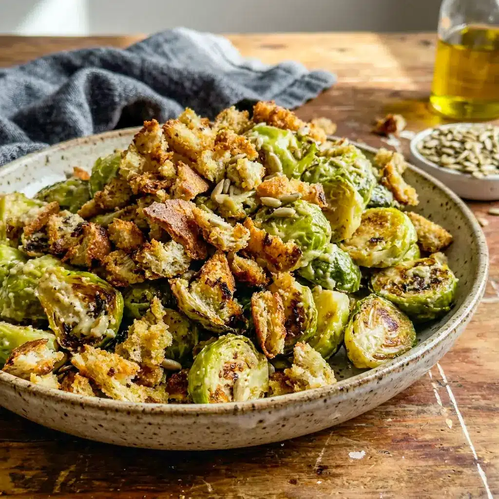A close-up of Roasted Brussels Sprouts Caesar Salad styled as a flavorful Sheet Pan Caesar Brussels dish.