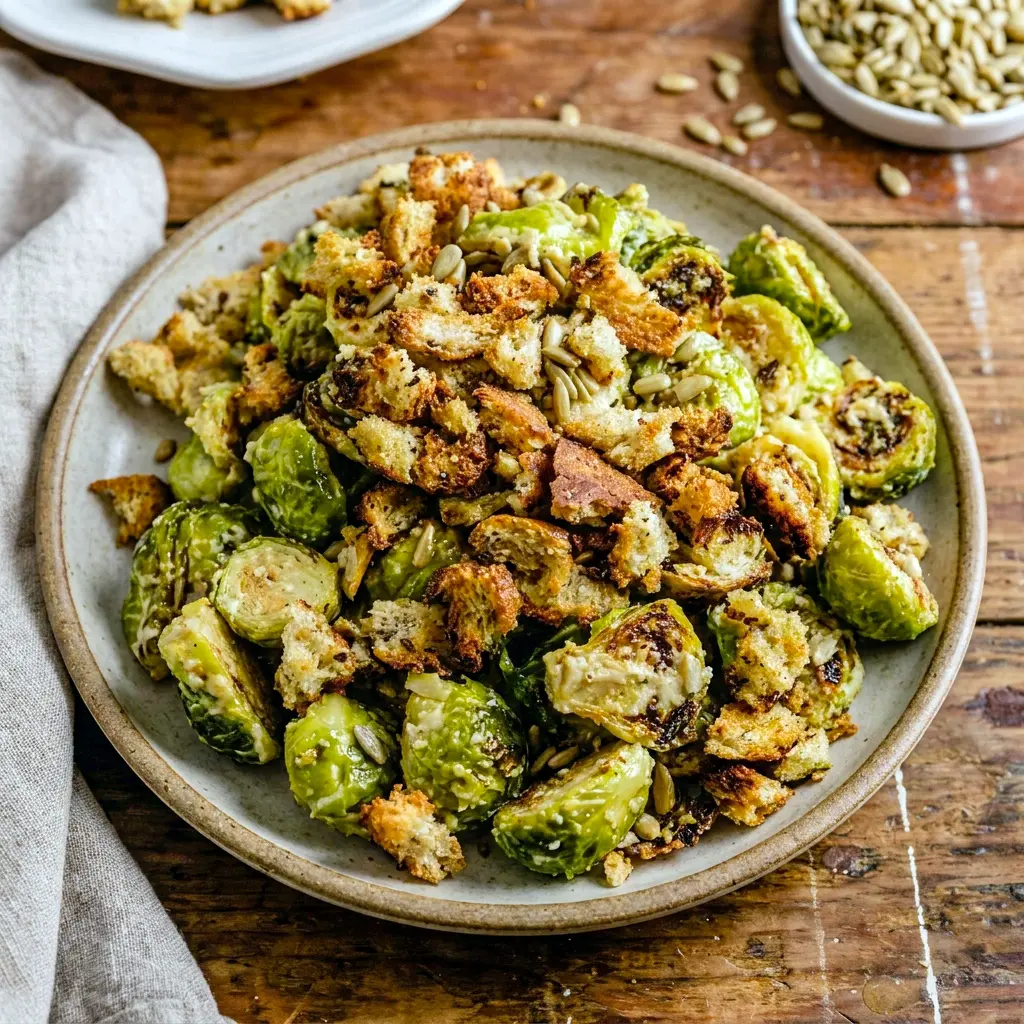 Roasted Brussels Sprouts Caesar Salad served as a crisp Caesar Brussels Sprouts side with golden croutons and creamy dressing.
