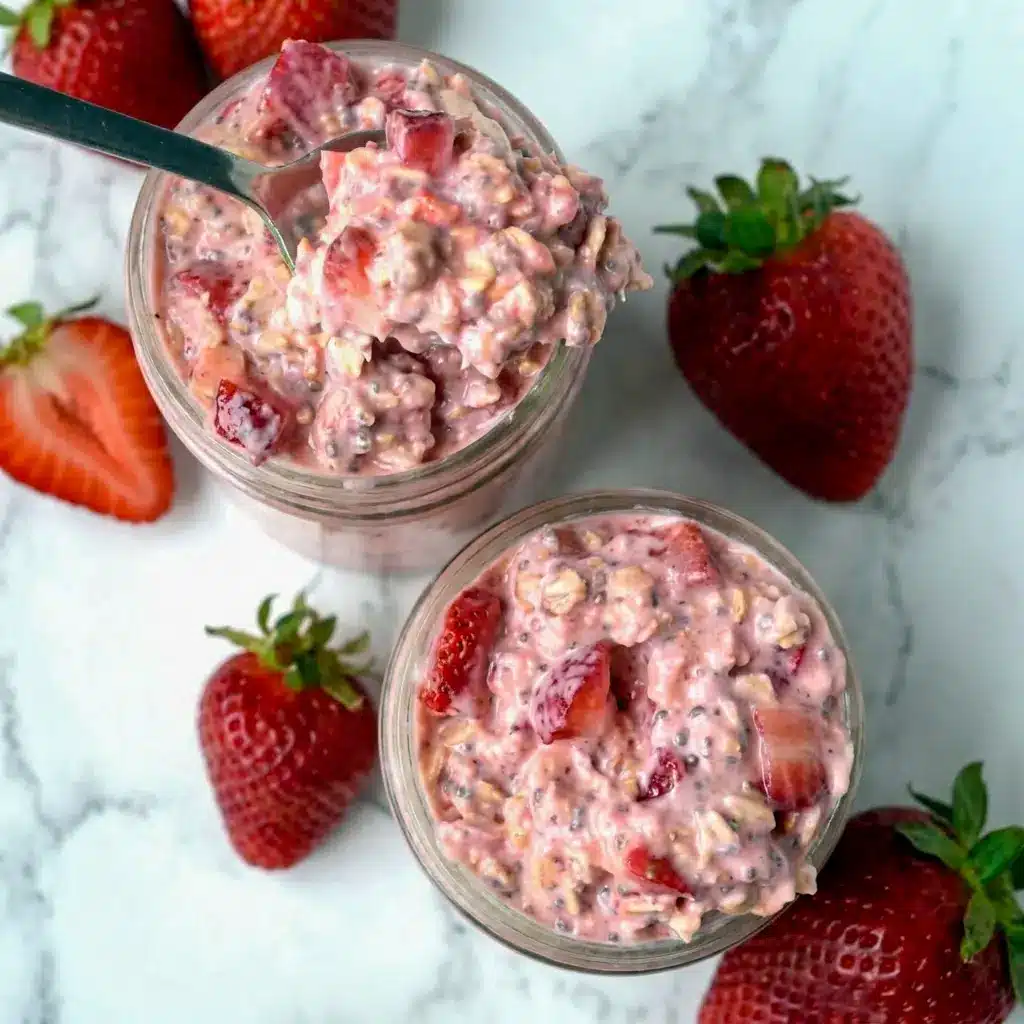 A chilled bowl of Strawberries and Cream Overnight Oats topped with sliced strawberries, a cozy Strawberries Overnight Oats meal-prep favorite.