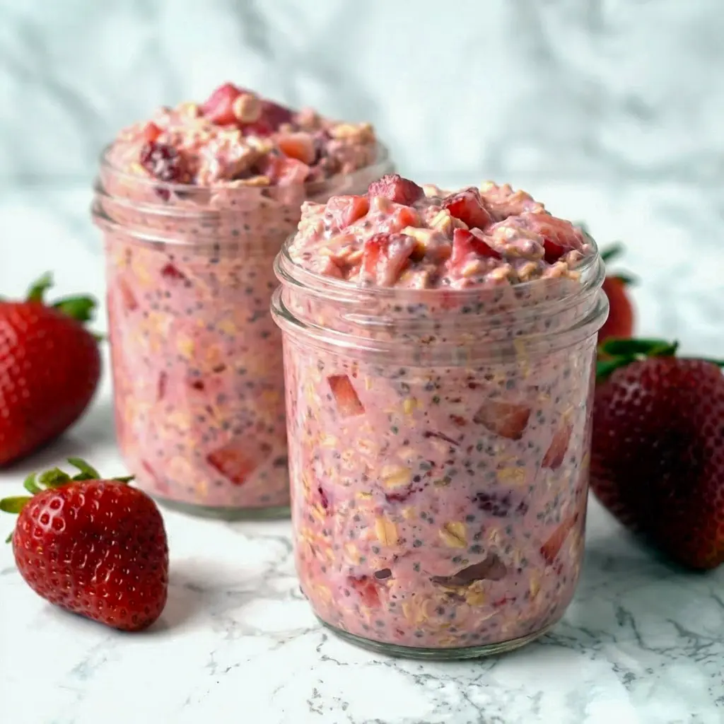 A spoon lifting creamy Strawberries and Cream Overnight Oats, a filling Strawberry Chia Overnight Oats idea for a quick breakfast.