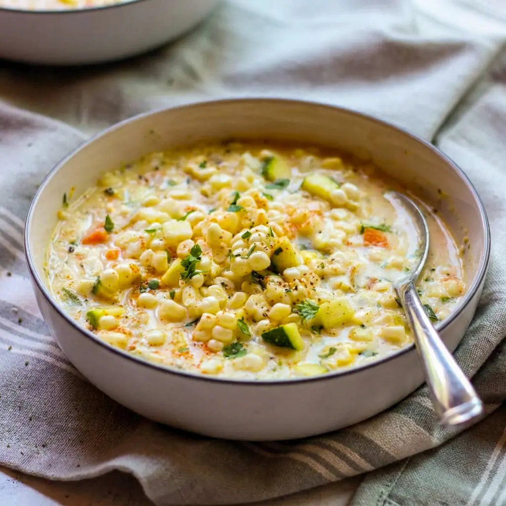 Summer Corn Chowder Soup made into a creamy Zucchini Chowder Soup, topped with chopped herbs and a sprinkle of black pepper.