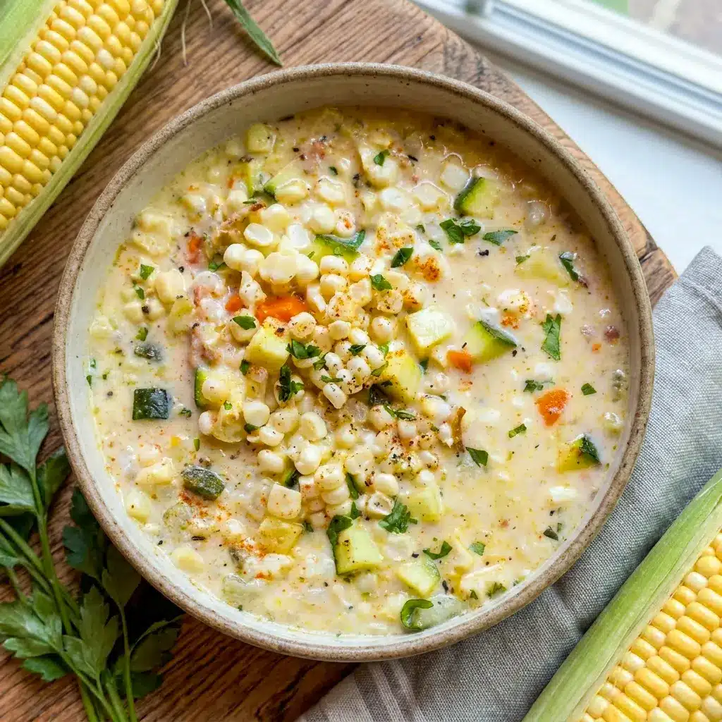 Summer Corn Chowder Soup featured as a comforting Corn And Zucchini Chowder with bacon, potatoes, and fresh summer vegetables.