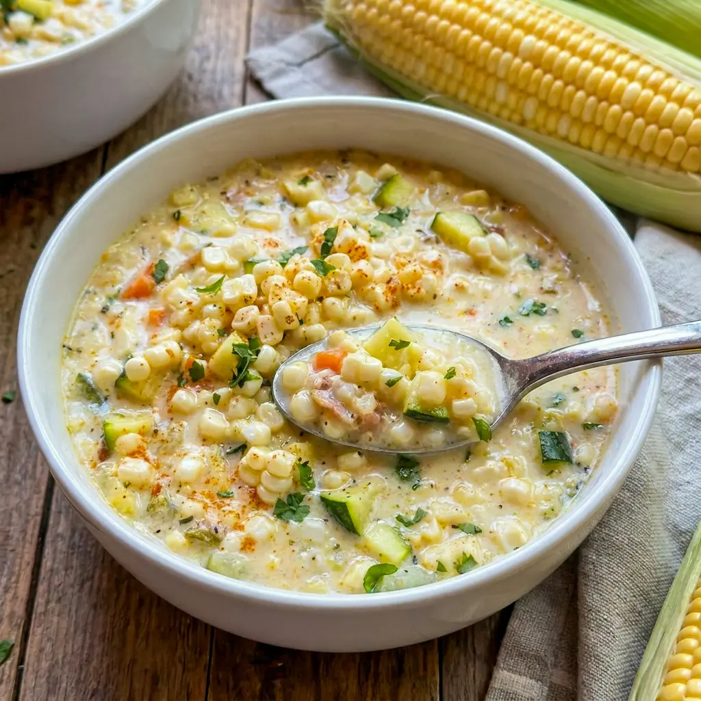 Summer Corn Chowder Soup presented as a warm Zucchini Corn Chowder In Bowl, perfect for an easy one-pot dinner.