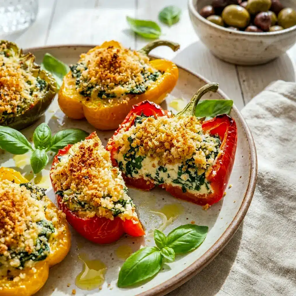 Tuscan Ricotta Stuffed Peppers served fresh from the oven, a flavorful option for Low Iron Meal Ideas with a vegetarian twist.