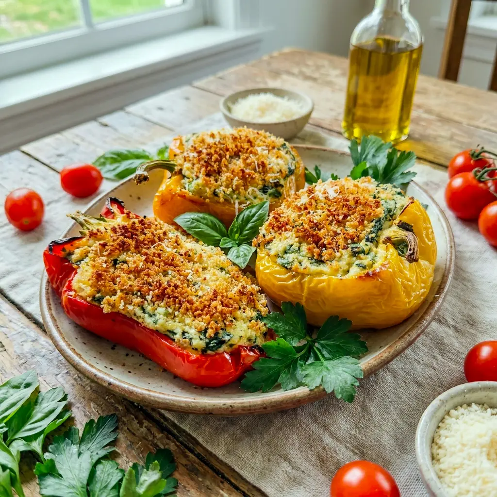 Tuscan Ricotta Stuffed Peppers topped with breadcrumbs, a tasty Veggie Weeknight Dinner that feels simple and satisfying.