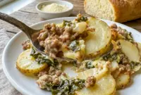 A cozy dinner scene featuring Zuppa Toscana Casserole with melted cheese, potatoes, and sausage for Zuppa Toscana Bake comfort.