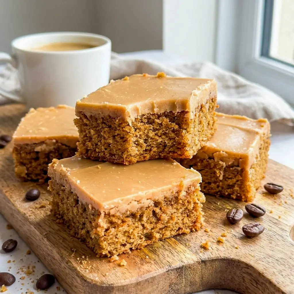 Stacked squares of Coffee Fudge Traybake on a white plate beside a steaming mug of coffee for an easy afternoon treat.