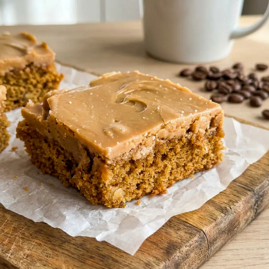 Square of moist coffee walnut cake topped with glossy fudge icing, a perfect Coffee Fudge Traybake cut fresh from the 9x13 pan.